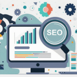 Illustration of an SEO strategy with a computer, analytics charts, and a magnifying glass labeled 'SEO,' symbolising how small businesses compete with big brands.